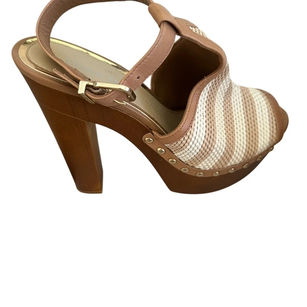 Gianni Bini Platform Heels Ankle Strap Peep‎ Toe Woven Tan Brown
